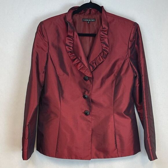 PRESTON & YORK Satin Blazer Jacket Women's Size 14 Red Ruffled Collar Lined - Picture 1 of 14